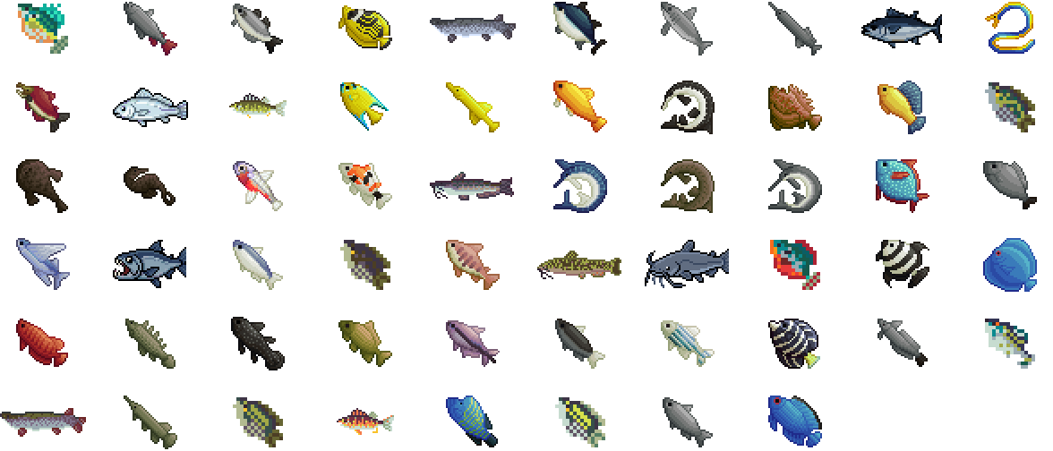 Os sessenta peixes do jogo, cada um com o seu desenho