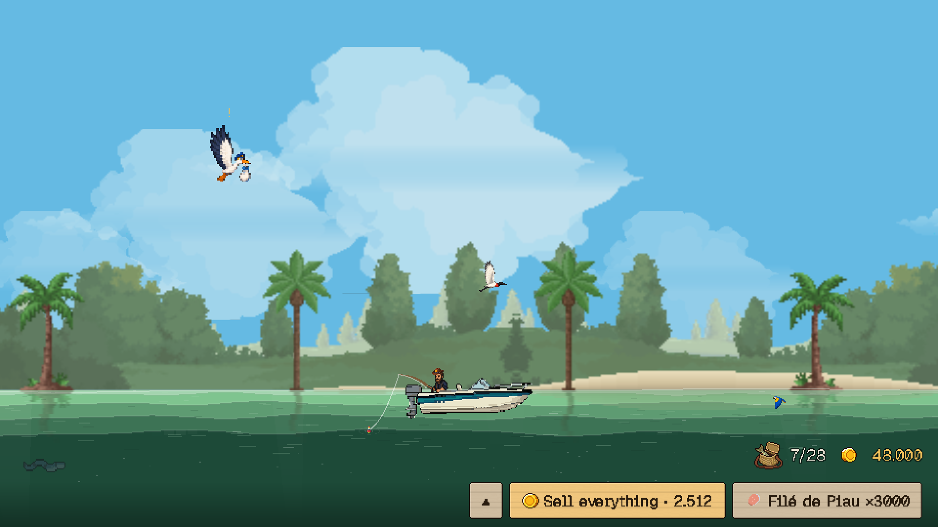 A stork flying across the screen carrying a hat