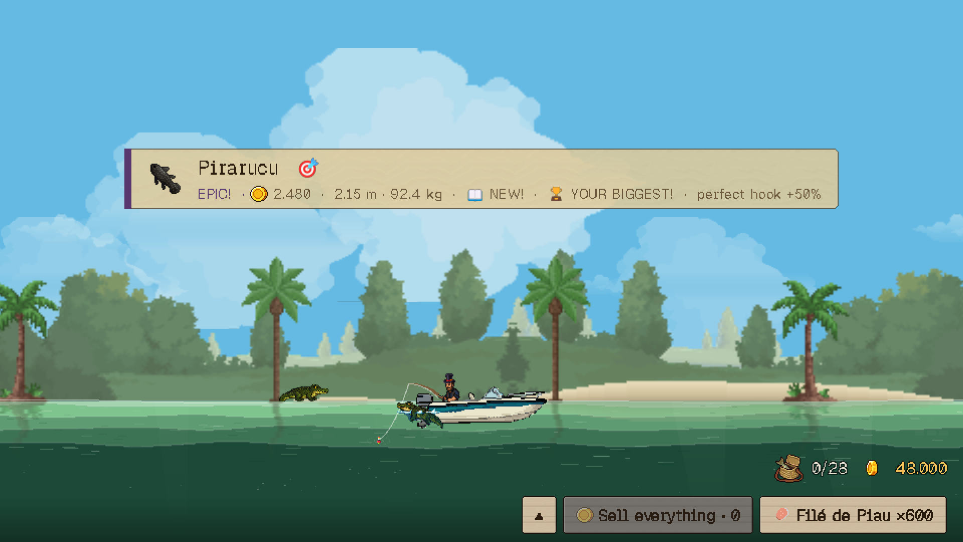 A pirarucu caught on the Araguaia, with the catch notice on screen