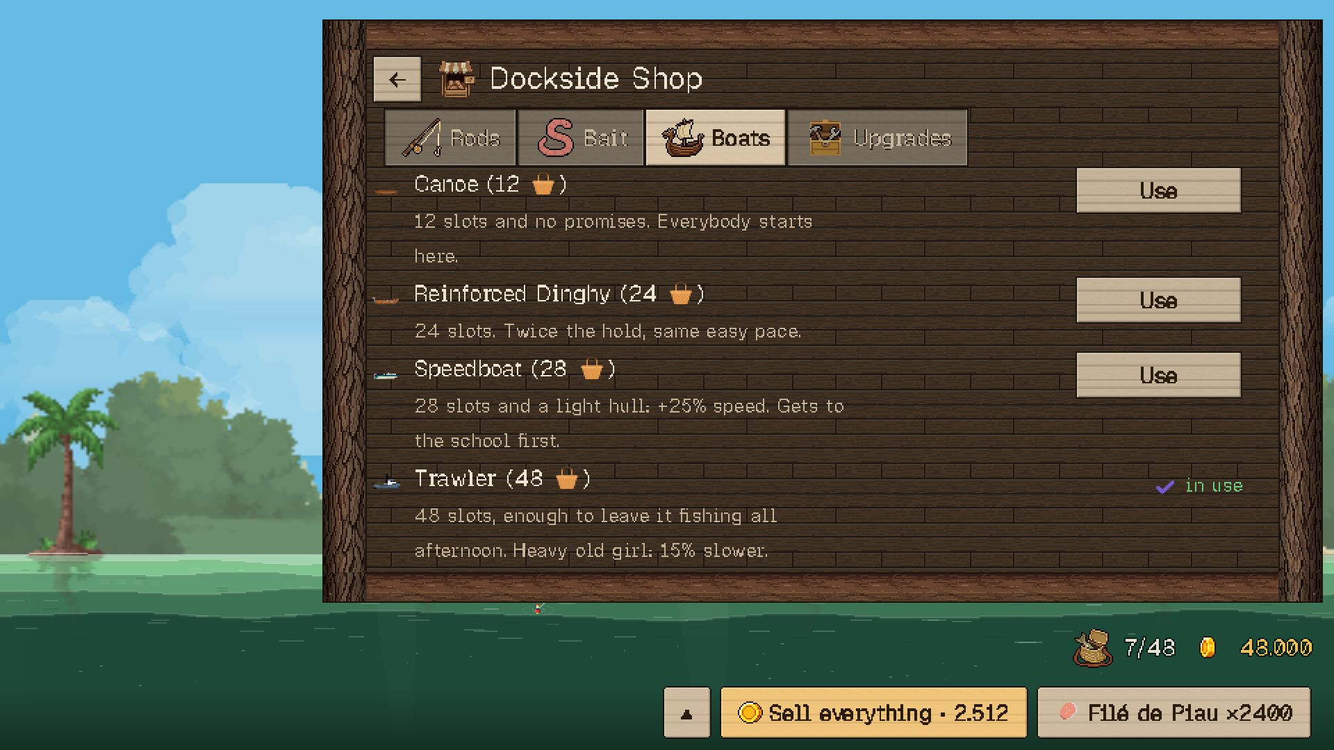 The shop panel with boats and baits