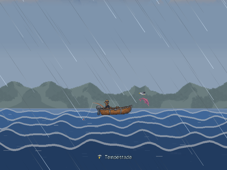 Tempestade sobre as montanhas, com chuva pesada e o bote balançando